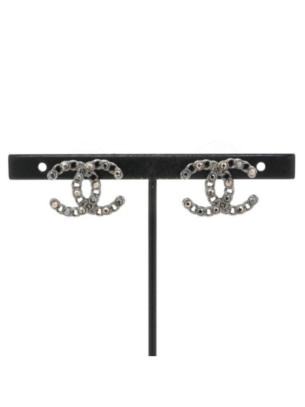 Chanel Earrings Silver Black Coco Mark Rhinestone - Picture 6 of 10